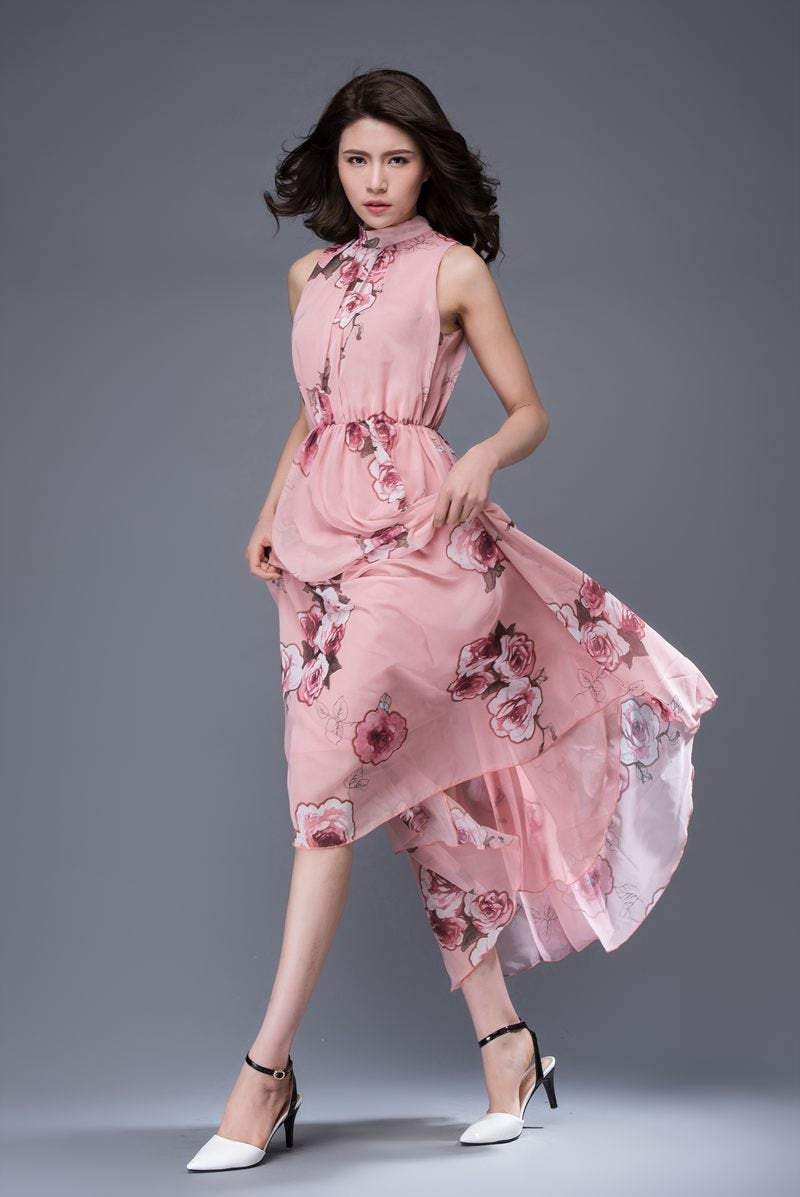Pink print chiffon dress, bridesmaid chiffon dress, flower chiffon dress, romantic dress, womens dress, wedding dress, sleeveless dress C875