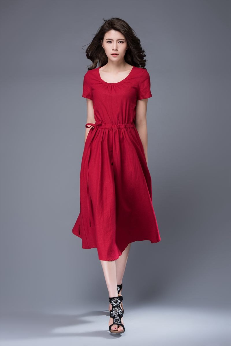 Red dress, scoop neck dress, linen dress, midi dress, drawstring dress, everyday dress, elegant dress, summer dress, pleated dress C887