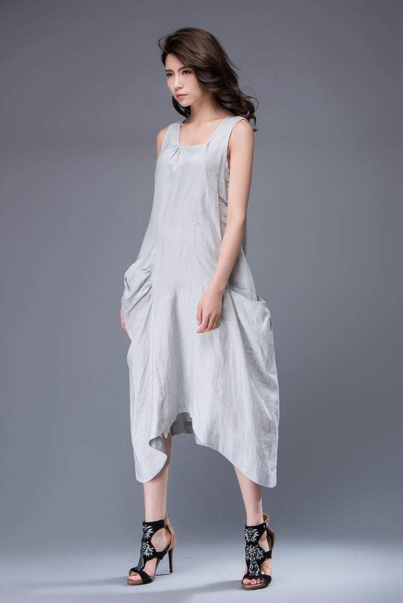 Gray Linen Dress - Sleeveless Asymmetrical Pale Grey Feminine Summer Dress with Large Pockets C889