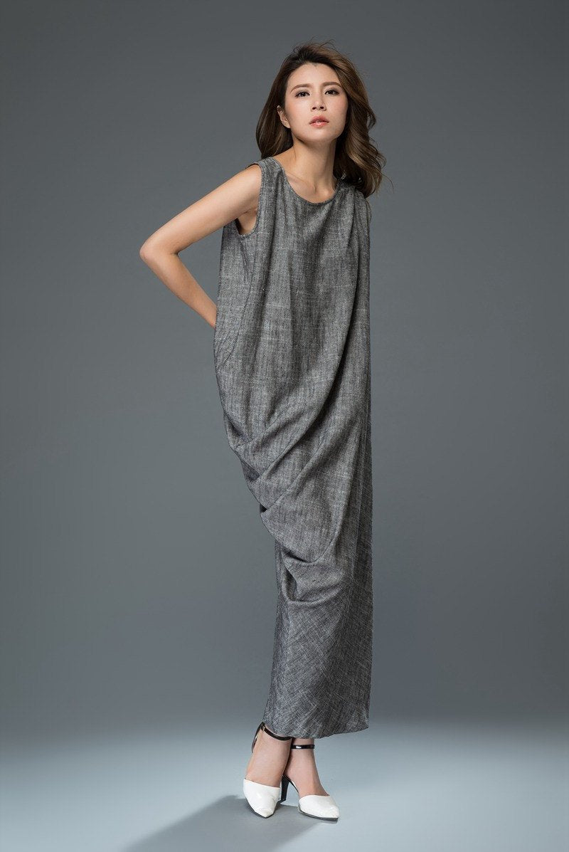 Linen Dress, gray linen dress, linen hip dress, plus size dress, woman dress, linen dress for woman, party dress, linen dress woman (C923)