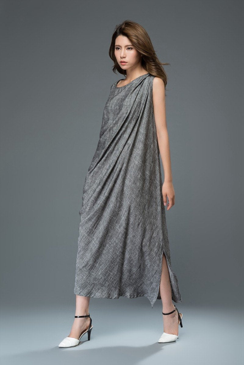 Linen Dress, gray linen dress, linen hip dress, plus size dress, woman dress, linen dress for woman, party dress, linen dress woman (C923)