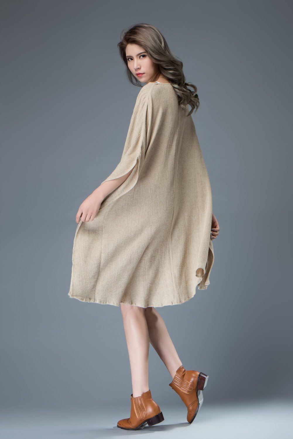 Linen tunic top, beige dress, beach cover up, batwing sleeves dress, knee length dress, maxi linen dress, plus size dress, loose dress C817