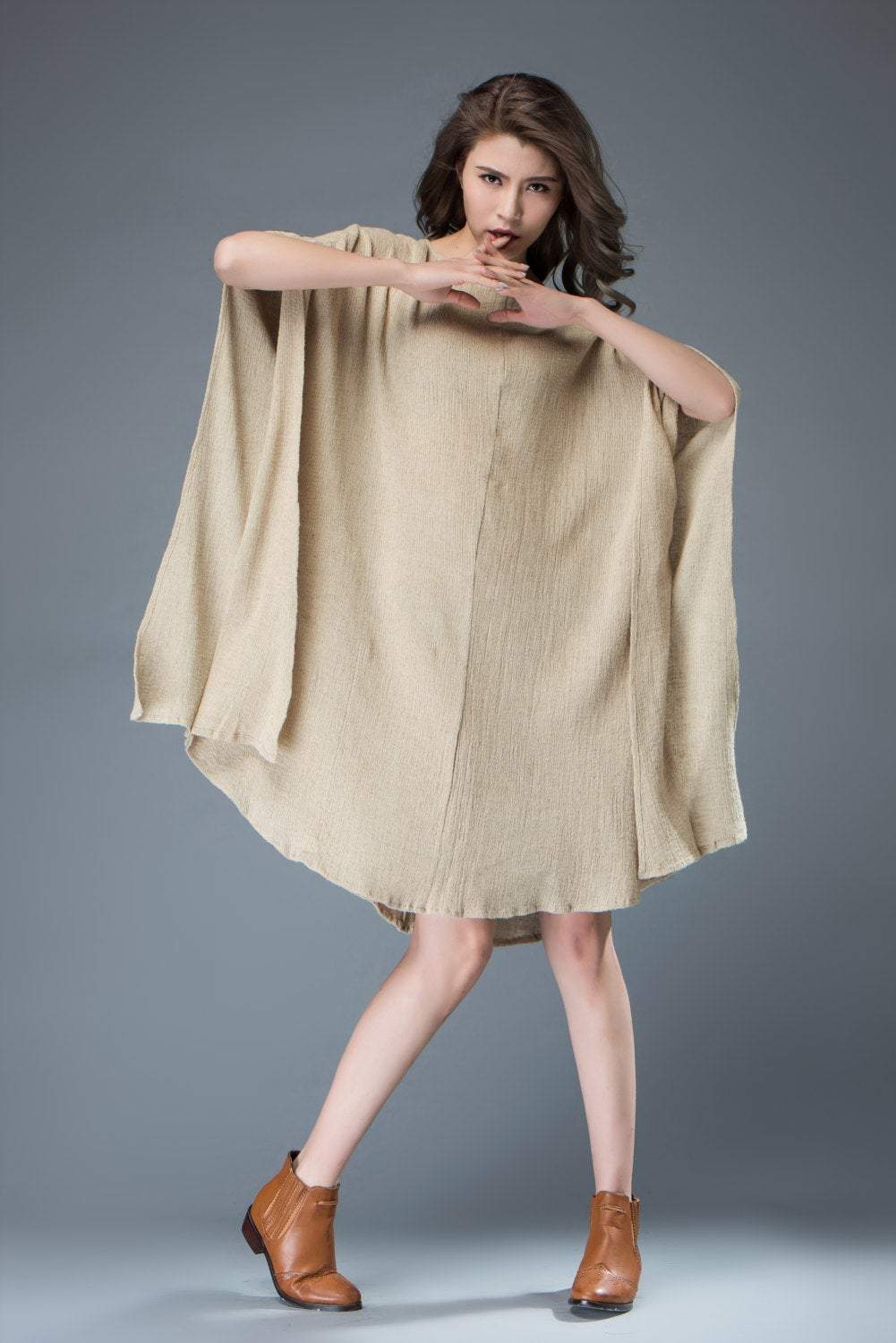 Linen tunic top, beige dress, beach cover up, batwing sleeves dress, knee length dress, maxi linen dress, plus size dress, loose dress C817