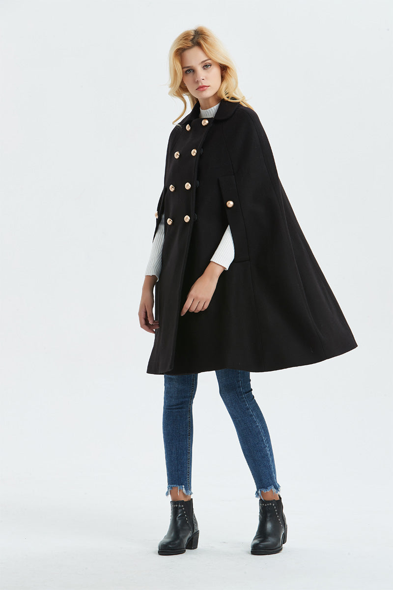 Black Elegant Wool Cape Coat C1322#