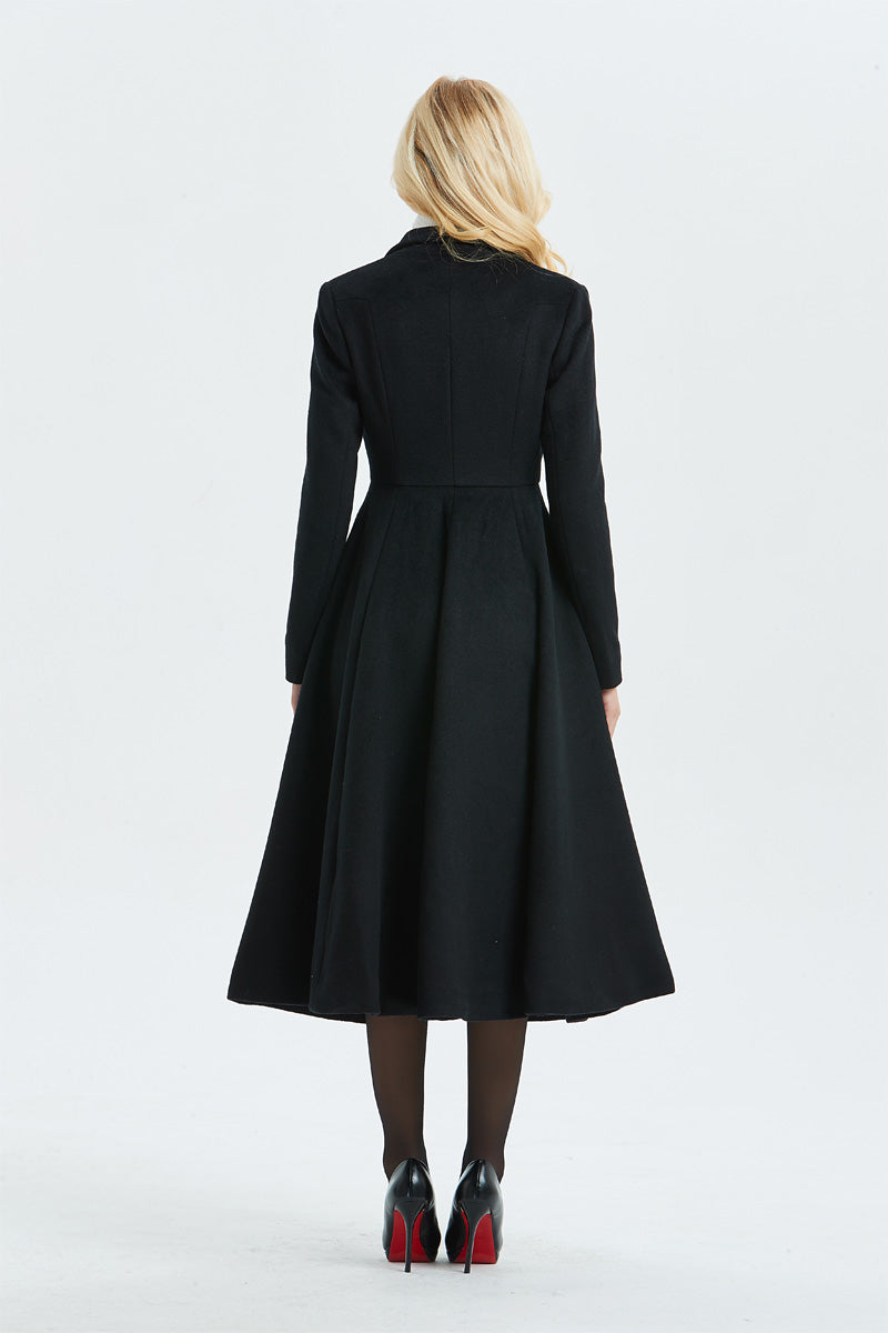 Women's black wool maxi princess coat C1338