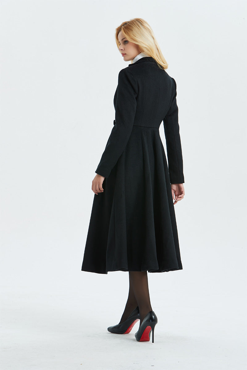 Women's black wool maxi princess coat C1338