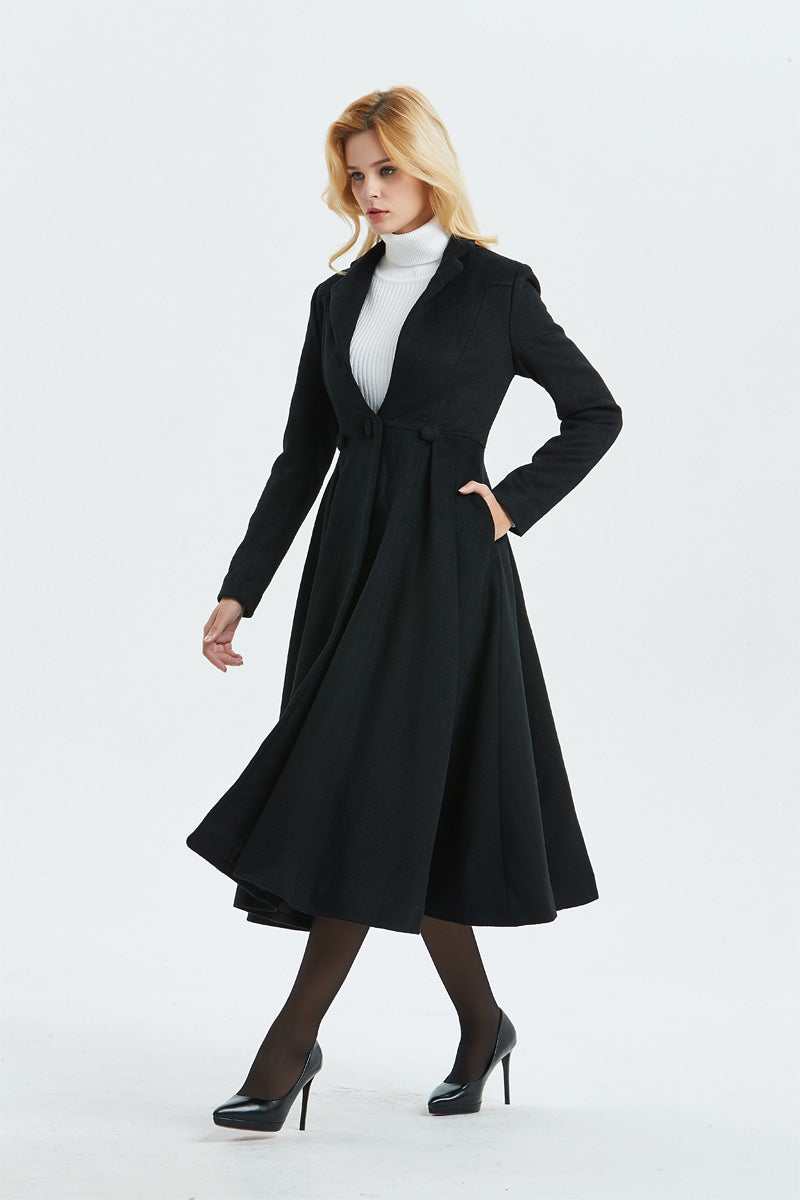 Women's Long Black Wool Coat C1338#