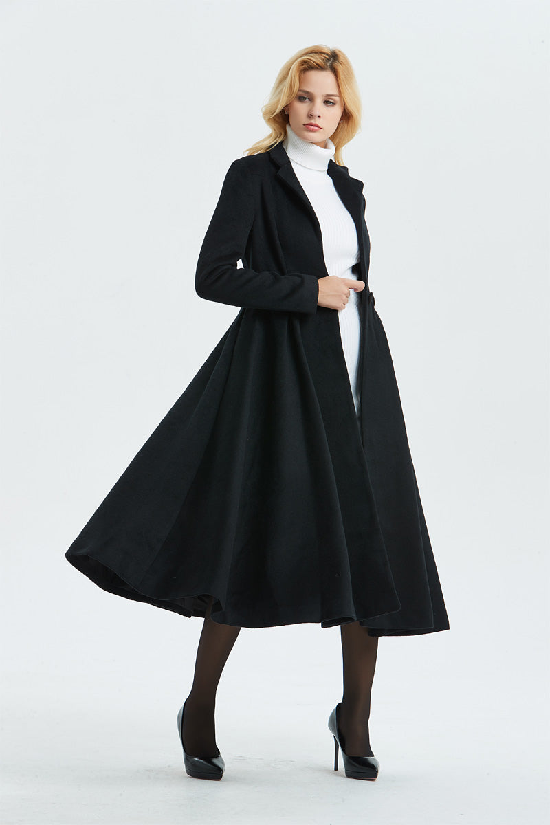 Women's black wool maxi princess coat C1338
