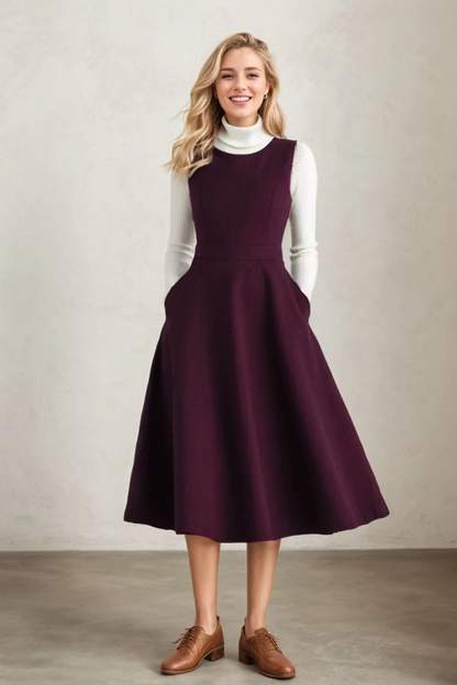 Long burgundy winter wool dress C4386