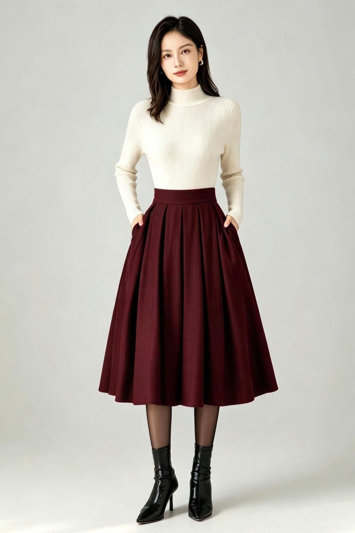Elegant Red Wool Blend A-Line Mid-Calf Skirt with Side Pockets c5662