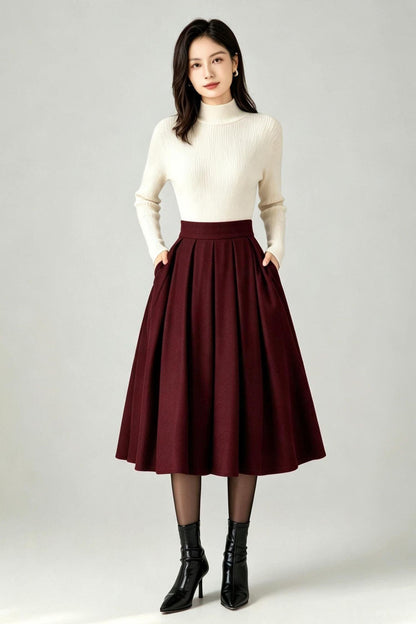 Elegant Red Wool Blend A-Line Mid-Calf Skirt with Side Pockets c5662