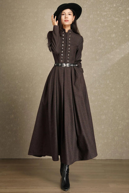 Front view of brown wool dress with ornate button detailing and mandarin collar