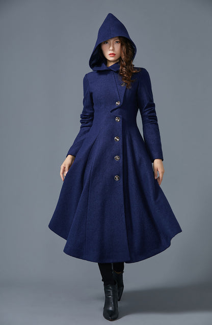 Handmade Hooded Maxi Asymmetrical Wool Coat Women C4402