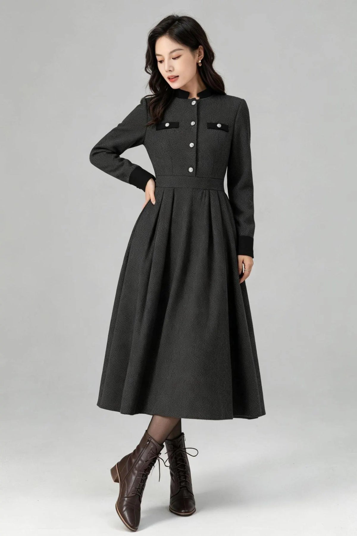 Gray Wool Blend A-Line Mid-Calf Dress with Stand Collar c5666
