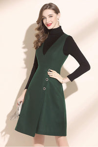 Sleeveless green winter wool dress, v neck wool dress C3441