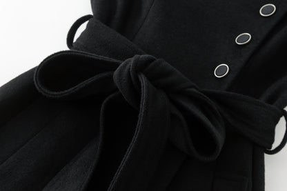 Winter Black button Long Wrap Wool Coat Women C4408