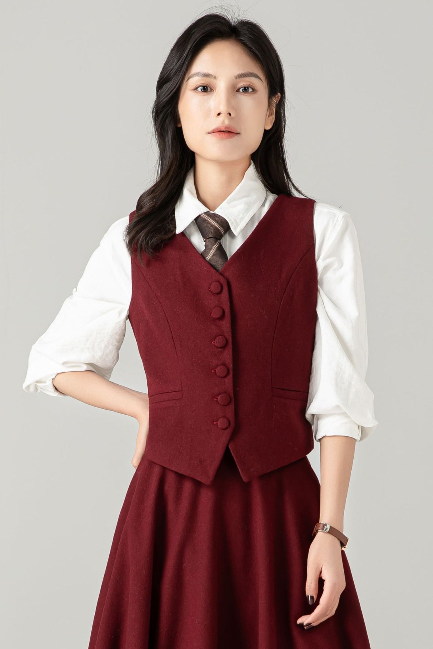 Burgundy Wool Blend Waistcoat: Vintage-Inspired Vest with Adjustable Back Tab, Ylistyle C5370