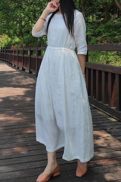 White Loose long linen dress women c3876