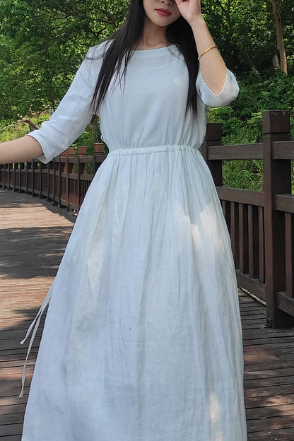 White Loose long linen dress women c3876