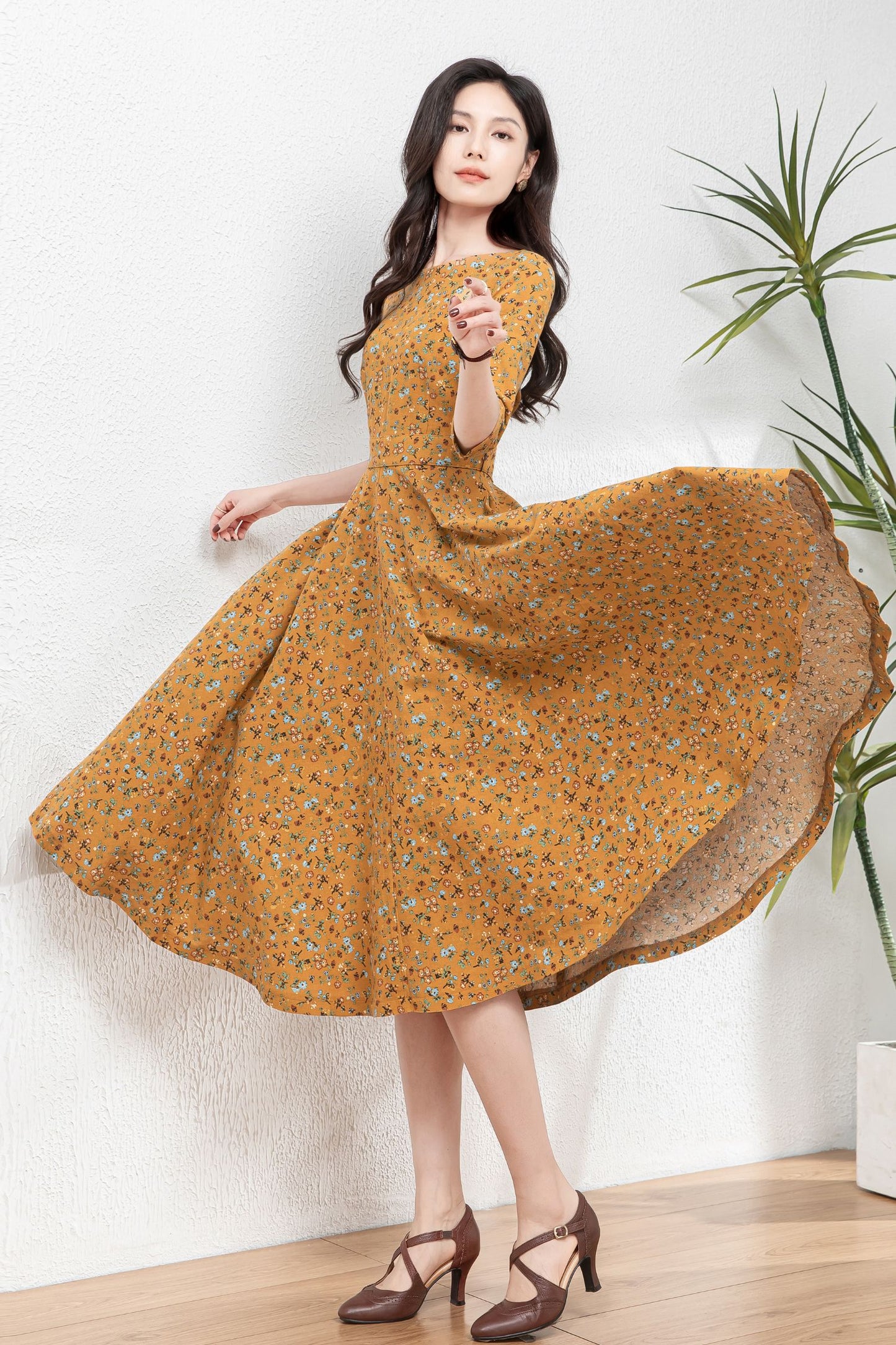 Floral swing linen dress women C4768