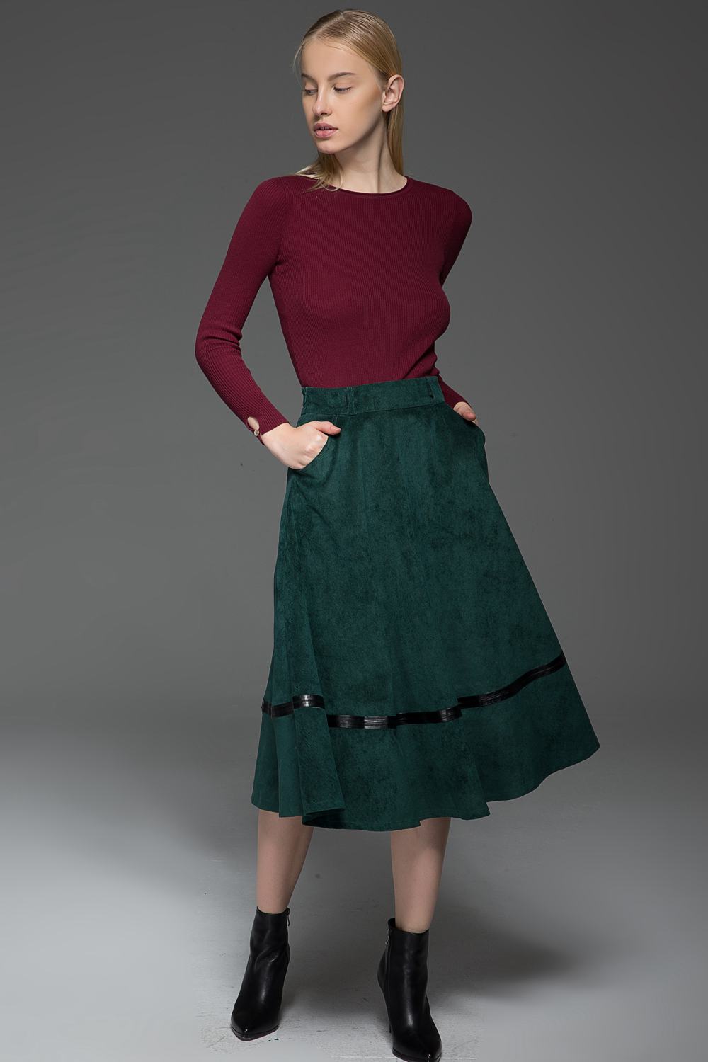 Womens Fall Green Corduroy A-line Midi Skirt C769