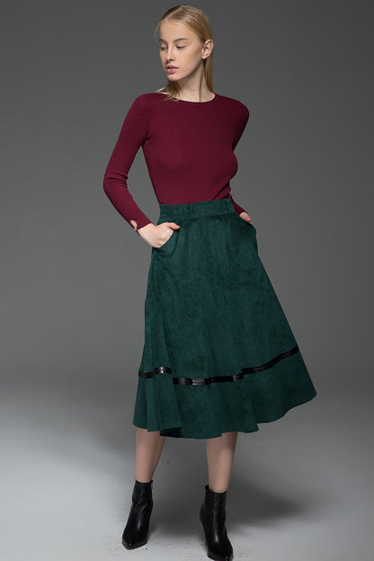 Womens Fall Green Corduroy A-line Midi Skirt C769