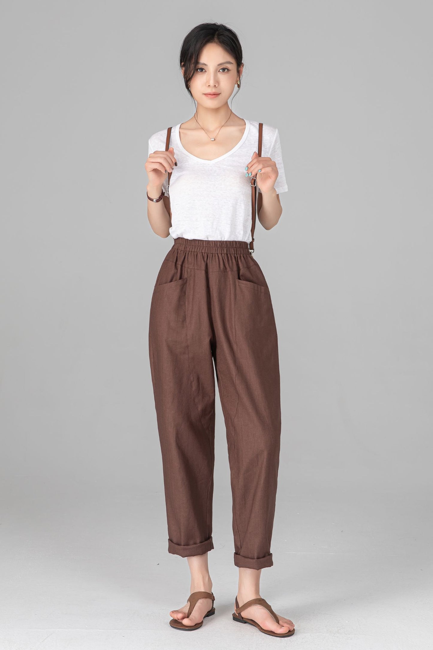 Brown Linen Cotton Harem Pants - Elastic Waist Relaxed Casual Trousers C5523