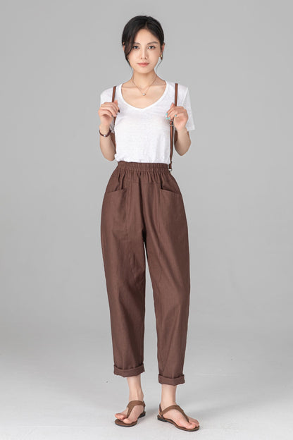 Brown Linen Cotton Harem Pants - Elastic Waist Relaxed Casual Trousers C5523