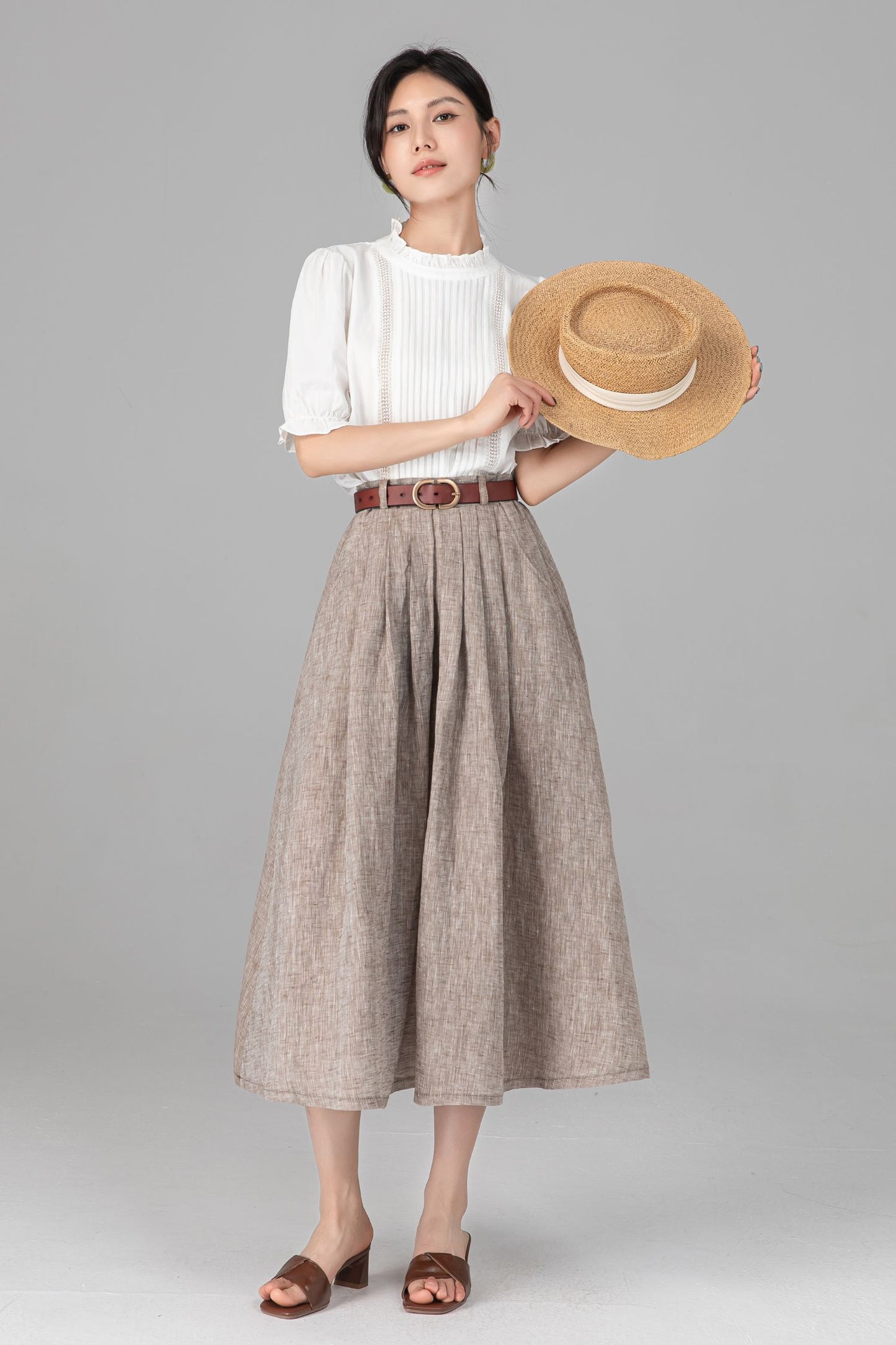 Beige Linen A-Line Midi Skirt with Pockets - Pleated & Comfortable C5520