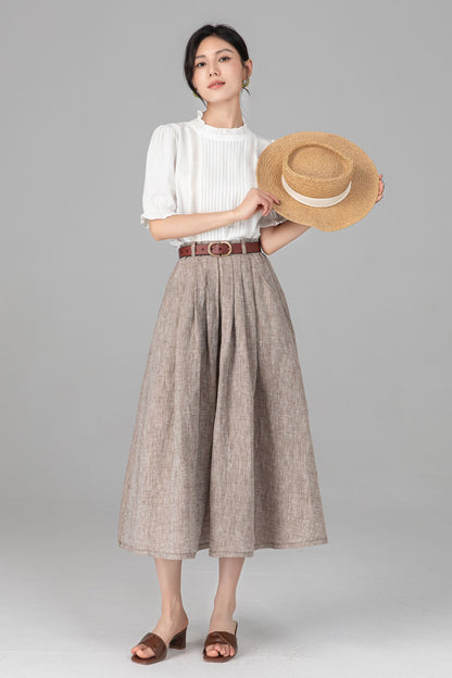 Beige Linen A-Line Midi Skirt with Pockets - Pleated & Comfortable C5520