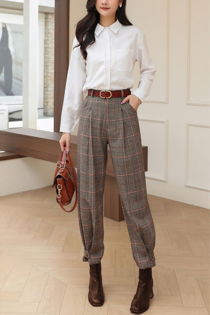 Plaid Wool Tapered Pants for Women C5189