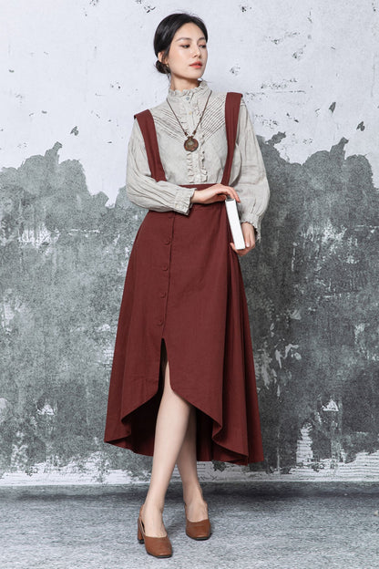 Rust Linen Midi Pinafore Dress - Asymmetric Hem with Pockets c5464