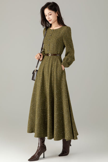 Olive Tweed Wool Maxi Dress — Vintage Button‑Front A‑Line with Pockets C5243