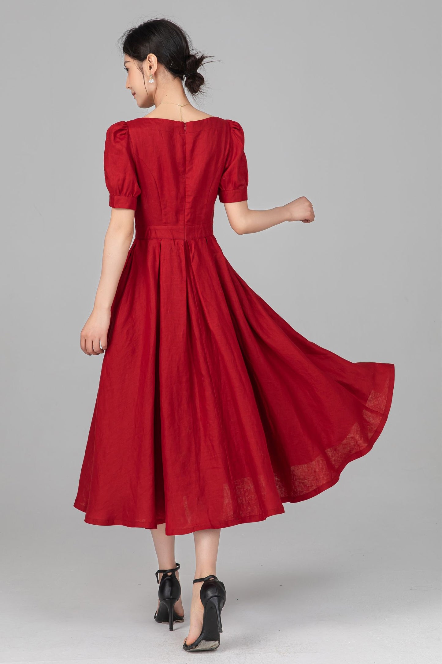 Red Linen Puff Sleeve Midi Dress - A-Line Bow Waist | Ylistyle C5517