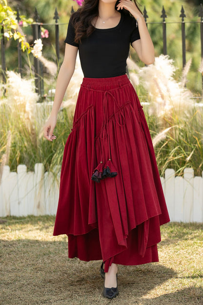 Red Corduroy Maxi Skirt – Elastic Waist Handmade Cotton Boho Skirt, Ylistyle C5441