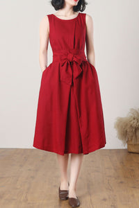 Red Sleeveless Midi Linen Dress C3262