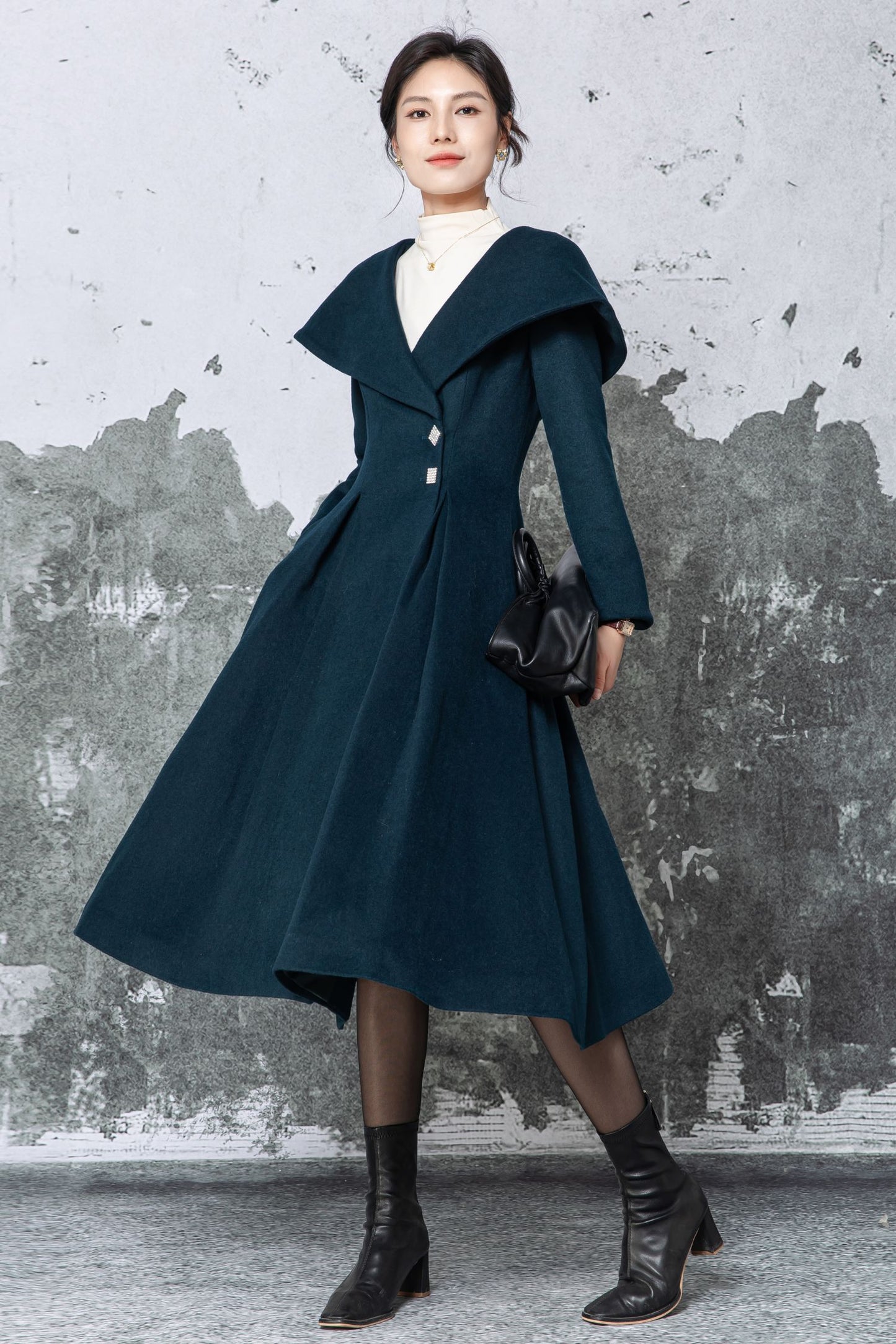 Dark Teal Wool Midi Coat - Large Lapel & Fit-and-Flare Silhouette C5480