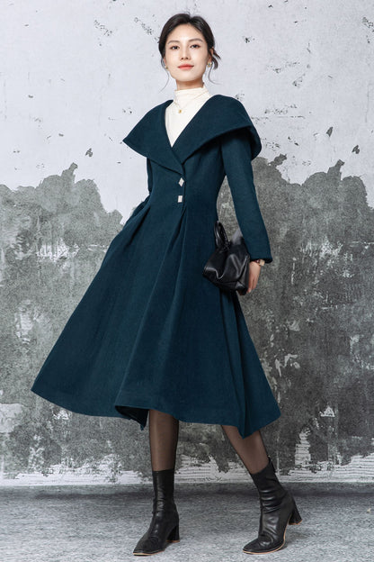 Dark Teal Wool Midi Coat - Large Lapel & Fit-and-Flare Silhouette C5480
