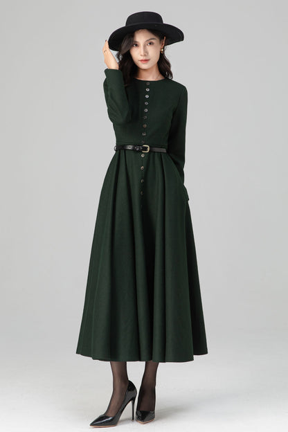 Retro Button Down Dark Green Midi Maxi Wool Dress C5202