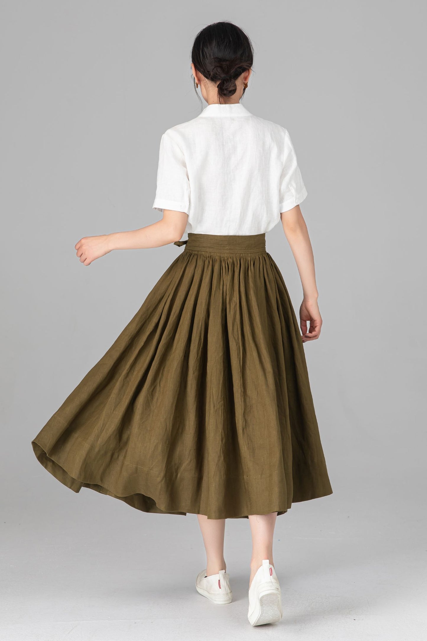 Olive Green Linen Midi Skirt - High Waisted A-Line with Pleats C5522