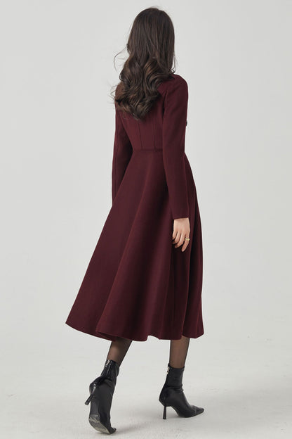 Long Swing Princess Burgundy Wool Coat C4411