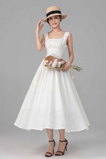 Off White Linen Midi Dress - Sleeveless Square Neck A-Line Silhouette C5525