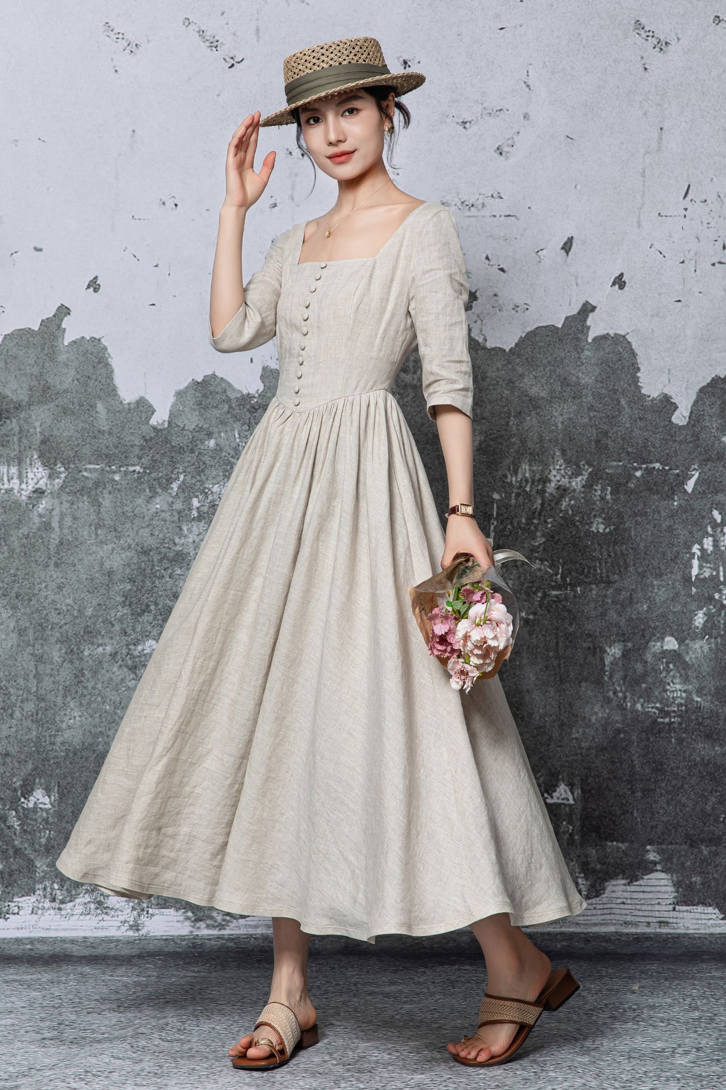 Beige Linen Maxi Dress - Square Neck, Empire Waist c5470