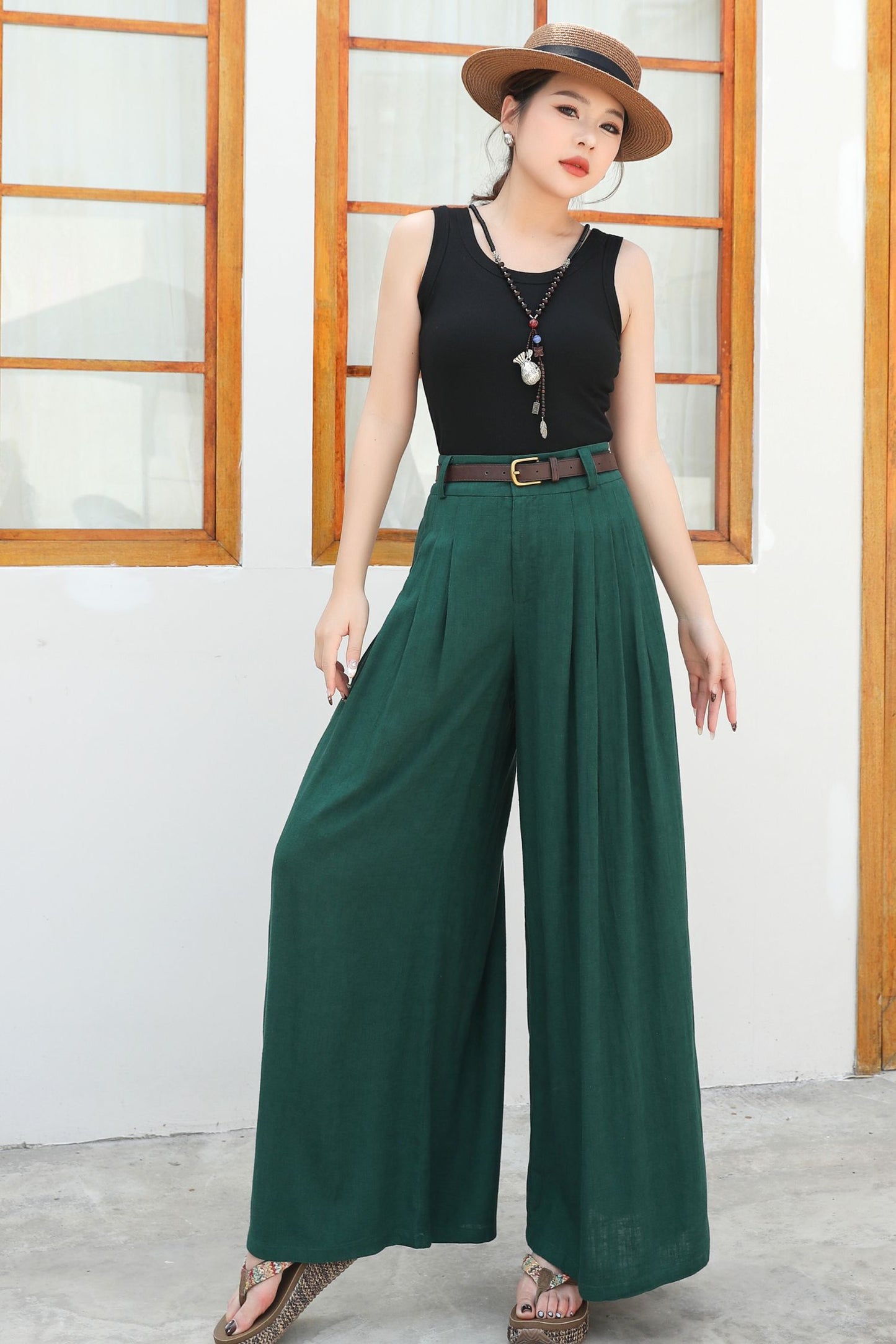 Wide leg green linen pants c4836