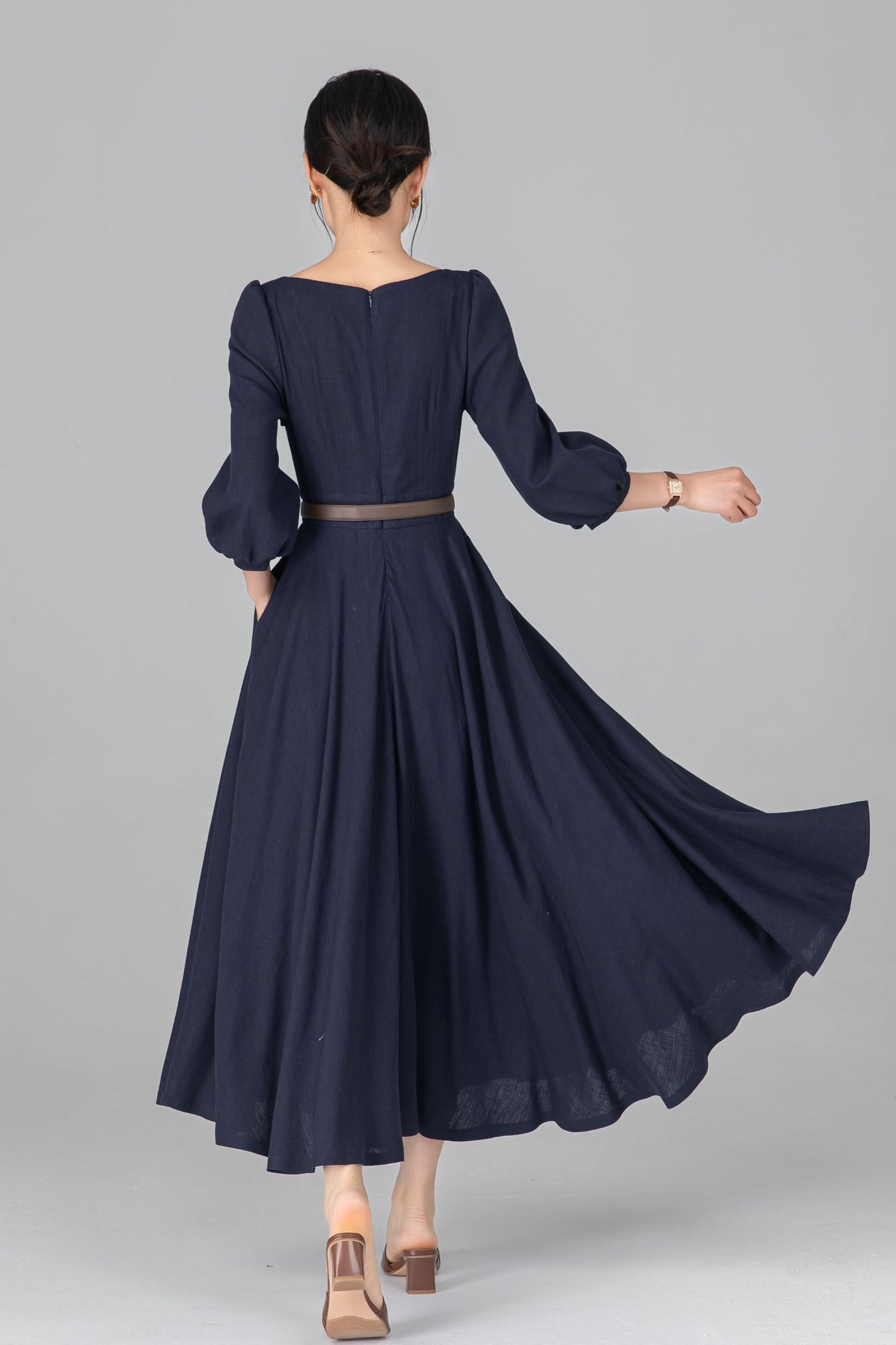 Navy Linen Cotton Midi Dress - A-Line Swing Dress with Boat Neck c5513