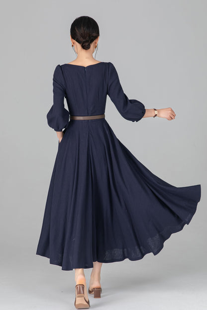 Navy Linen Cotton Midi Dress - A-Line Swing Dress with Boat Neck c5513
