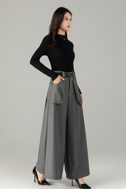 High-Waist Wide-Leg Wool Trousers — Palazzo Wool Pants C5245
