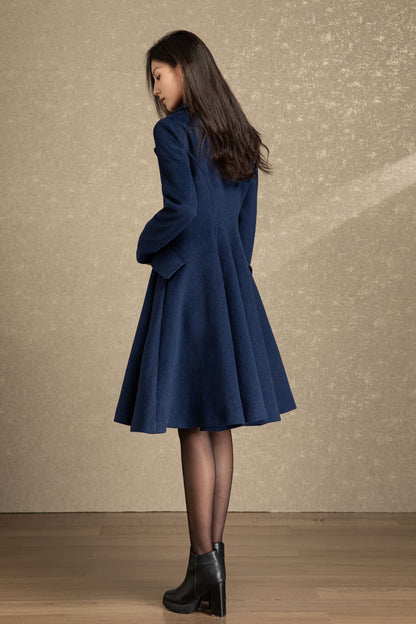 Blue fit and flare winter wool coat C4492