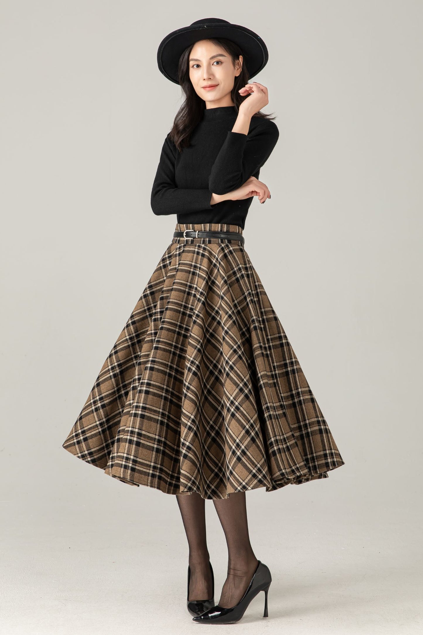 Wool Blend Plaid Midi Skirt : High Waist Swing Circle Skirt, Ylistyle C5375