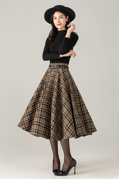 Wool Blend Plaid Midi Skirt : High Waist Swing Circle Skirt, Ylistyle C5375